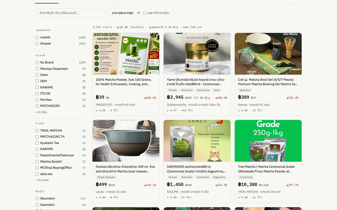 หน้า Matcha Watch ที่รันอยู่จริง: ตารางราคามัทฉะเรียงพร้อมตัวกรองร้าน